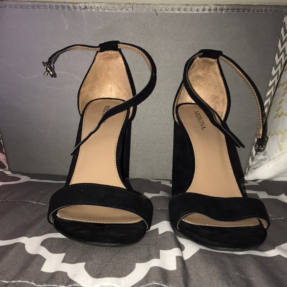 black suede block heels